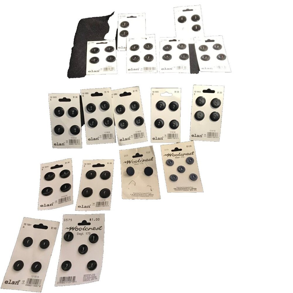 Sewing Button Cards Black Assorted Sizes & Styles Vintage Woolcrest & Elan 17 Ca